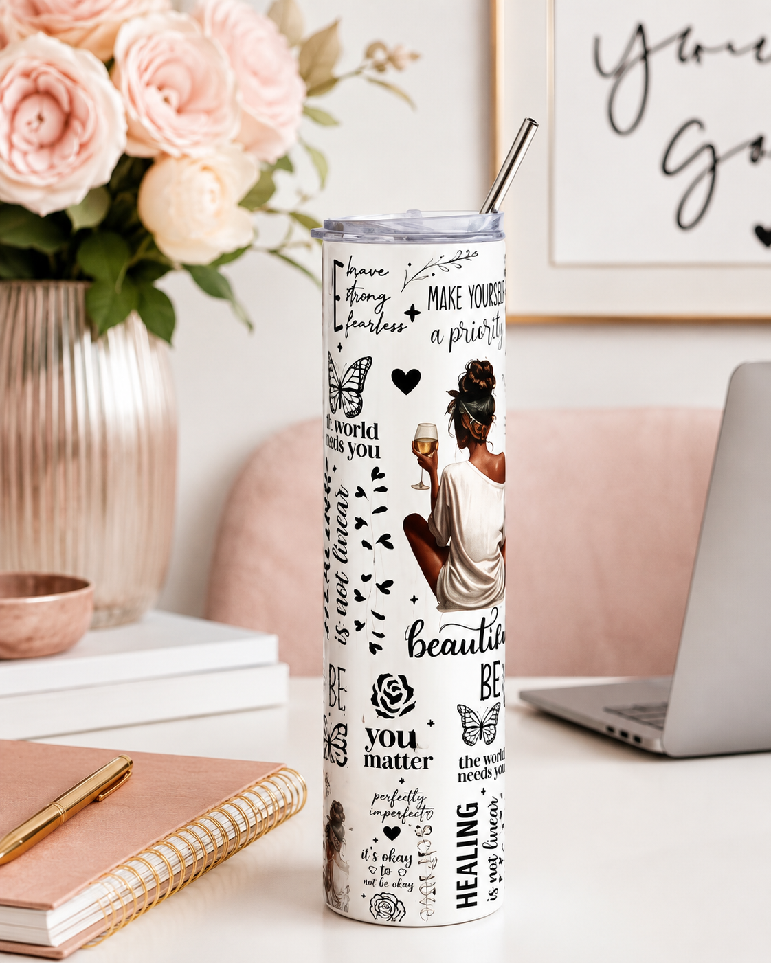 Relaxing Woman Illustration Stainless Steel Tumbler | 20oz Skinny Travel Cup