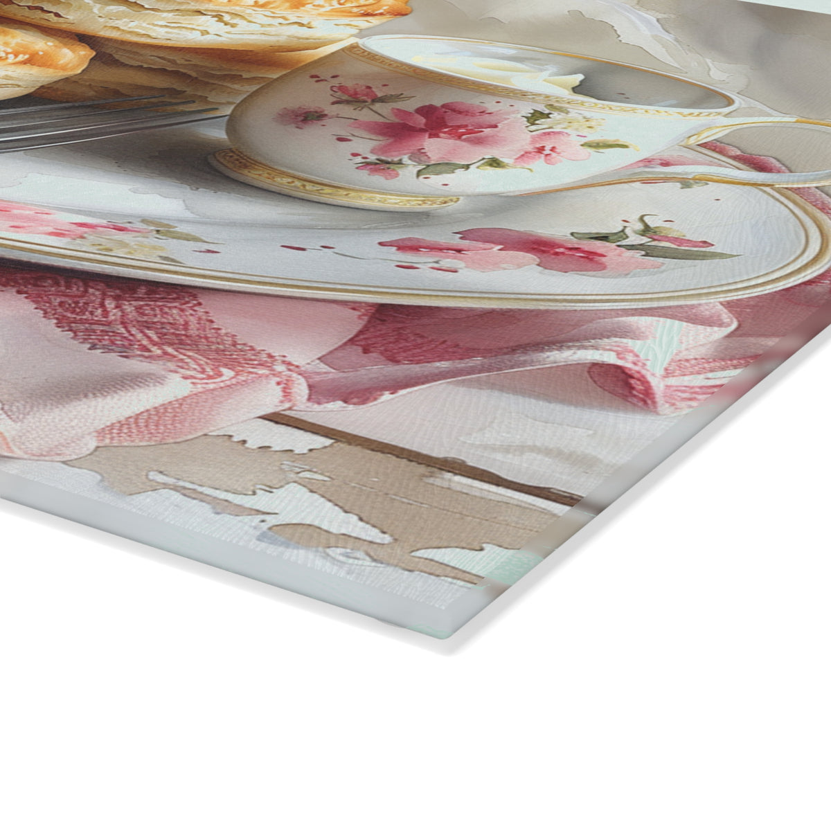Tea and Biscuits Glass Cutting Board | Floral Vintage Tea Cup Kitchen Decor