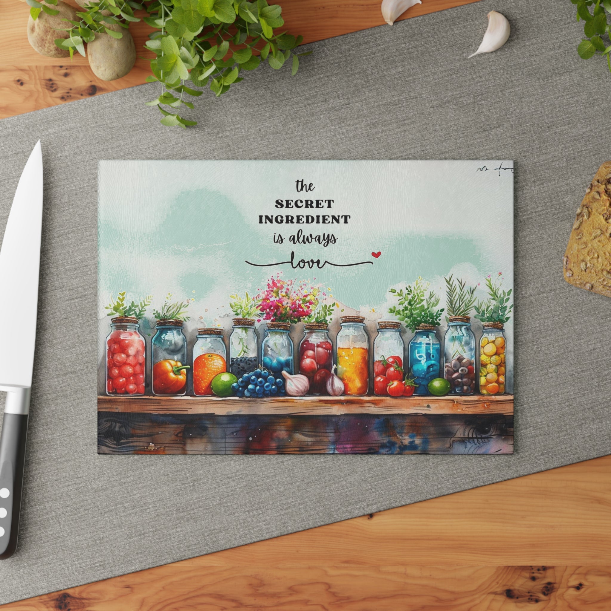 Mason Jar Pantry Illustration Glass Cutting Board | 'The Secret Ingredient Is Always Love'
