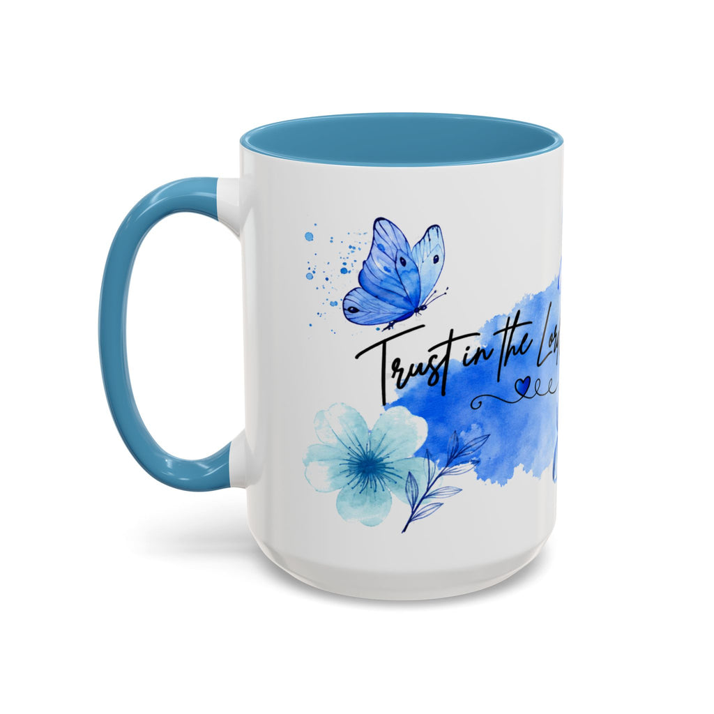 Trust in the Lord 15 oz Accent Mug - Blue Floral & Butterfly Faith Design