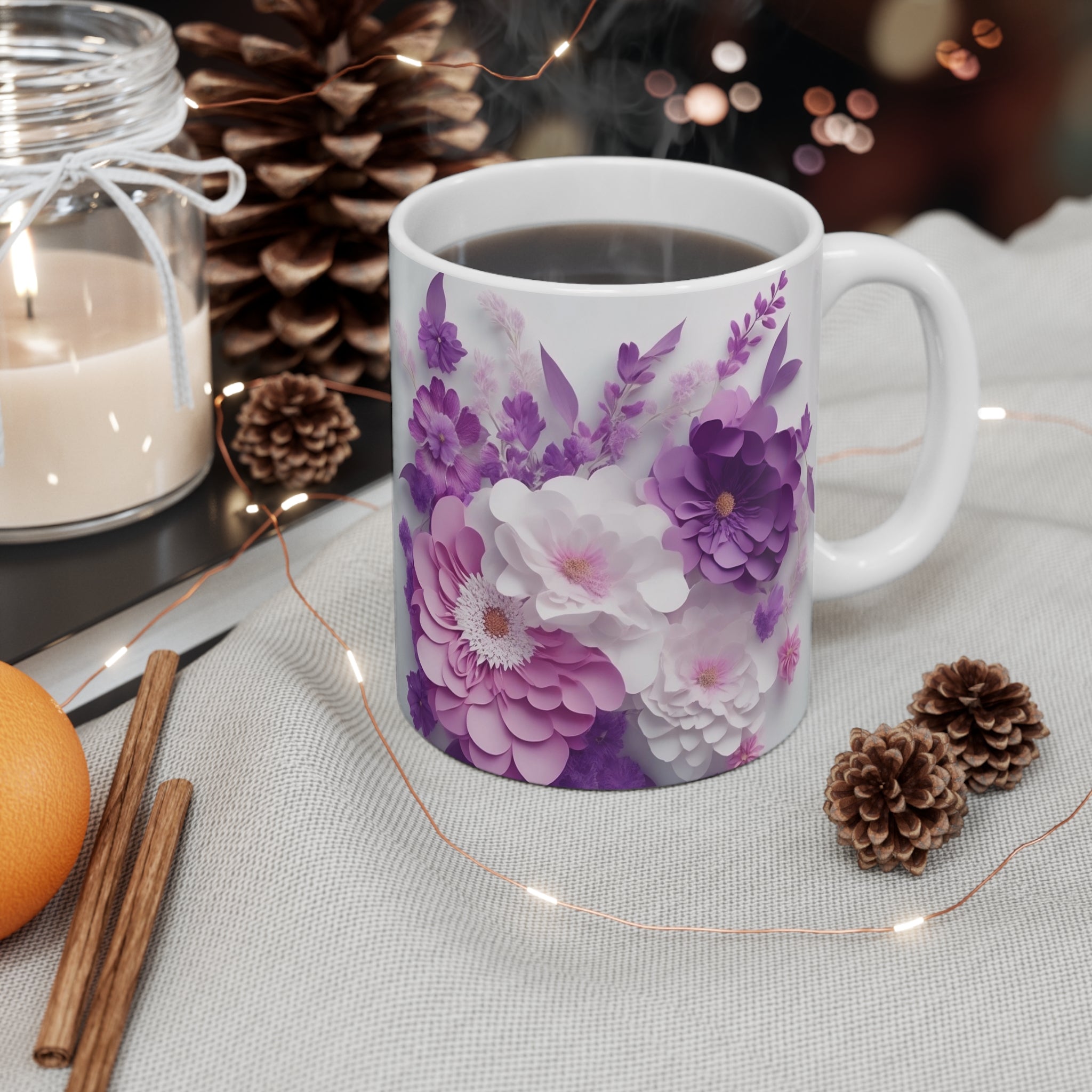 Purple Paper Flower Bouquet Mug | Floral Ceramic Coffee Mug | 11 oz
