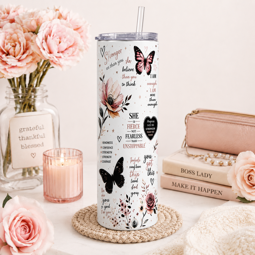 Butterfly Floral Affirmation Tumbler | 20oz Stainless Steel Skinny Tumbler (Copy)