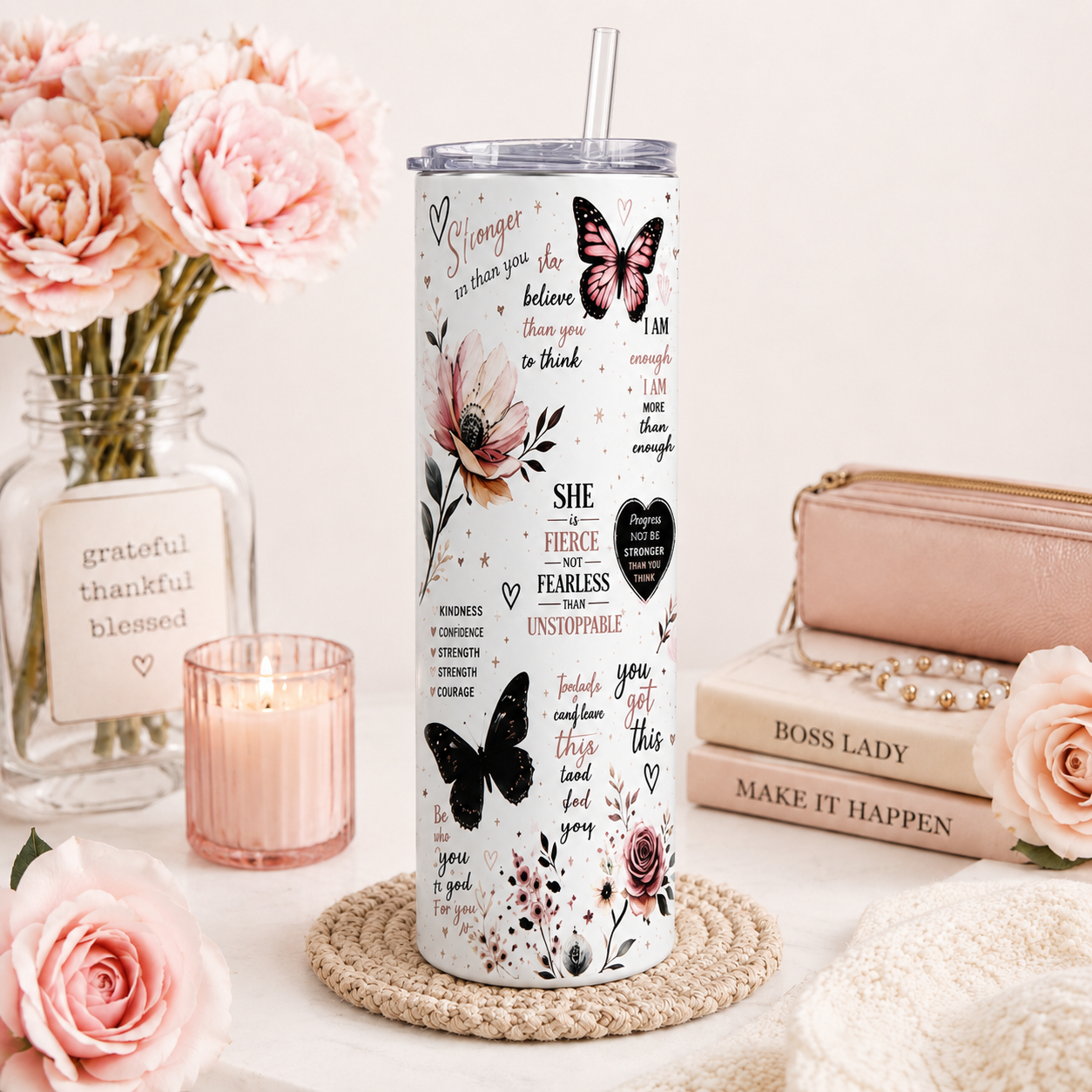Butterfly Floral Affirmation Tumbler | 20oz Stainless Steel Skinny Tumbler (Copy)