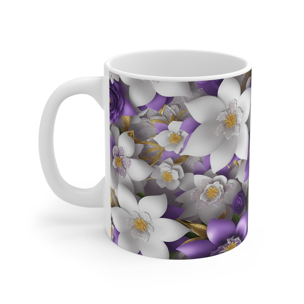 Purple & White Floral Pattern Mug | 11oz Ceramic Coffee Cup