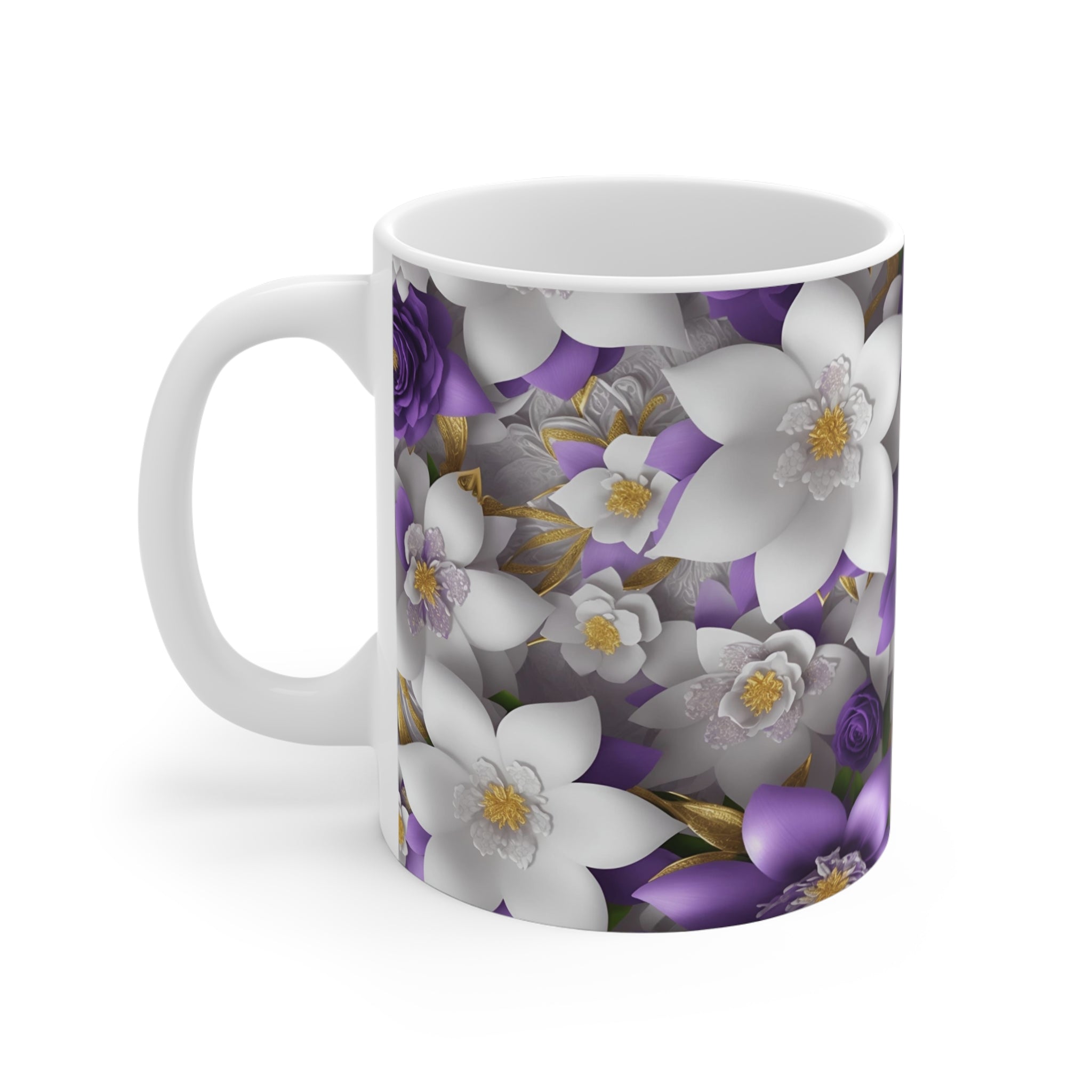 Purple & White Floral Pattern Mug | 11oz Ceramic Coffee Cup