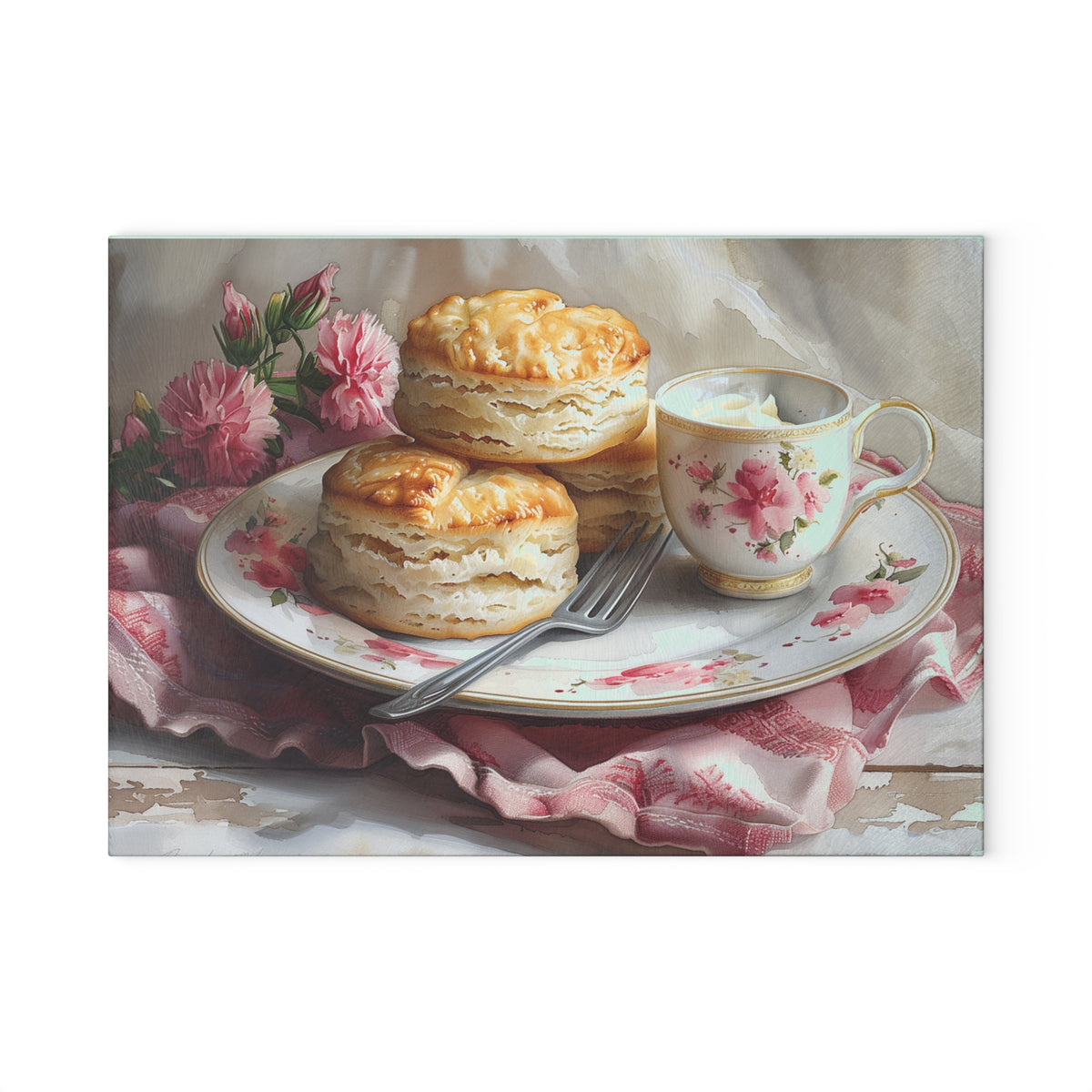 Tea and Biscuits Glass Cutting Board | Floral Vintage Tea Cup Kitchen Decor