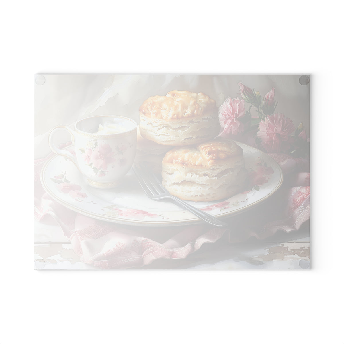 Tea and Biscuits Glass Cutting Board | Floral Vintage Tea Cup Kitchen Decor