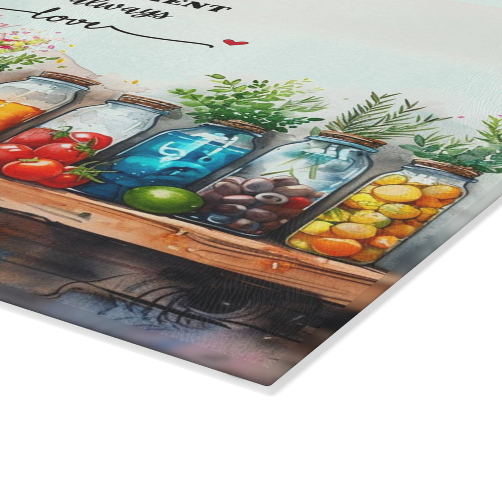 Mason Jar Pantry Illustration Glass Cutting Board | 'The Secret Ingredient Is Always Love'