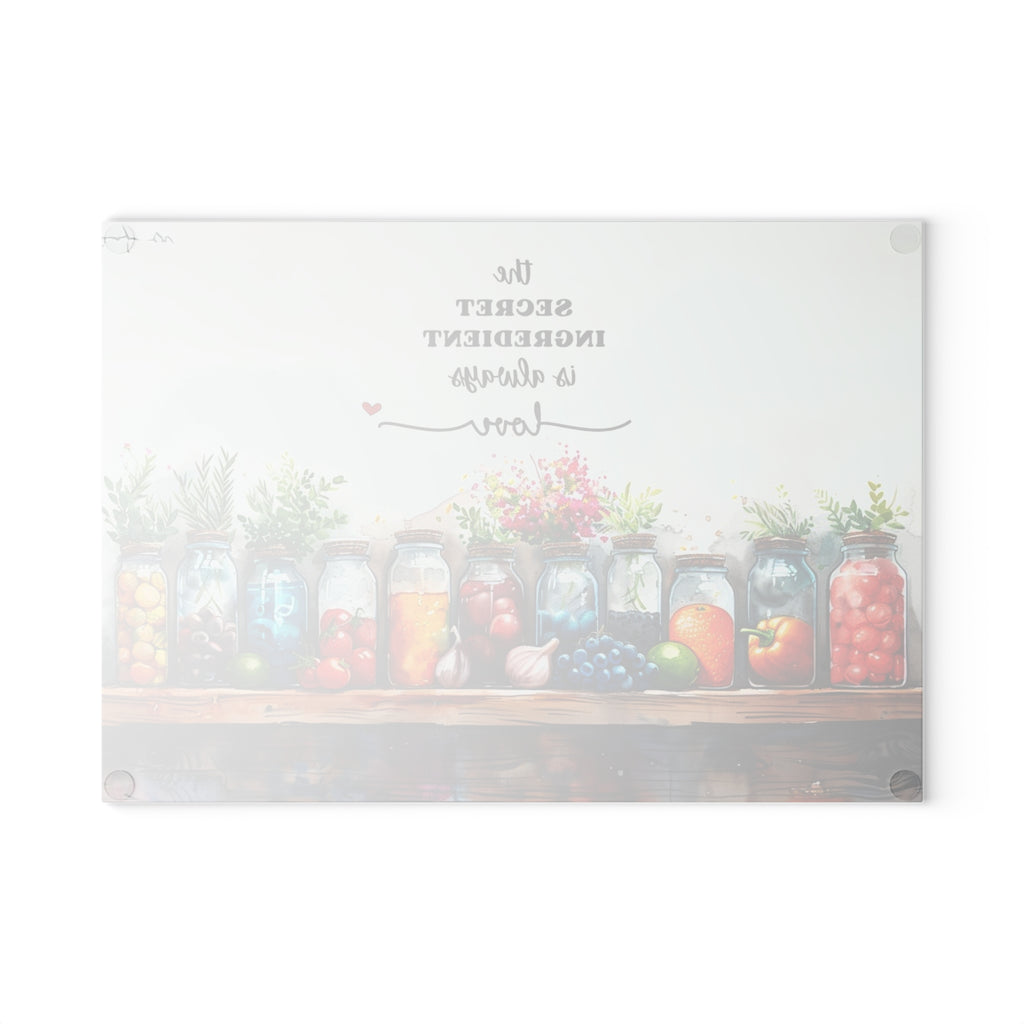 Mason Jar Pantry Illustration Glass Cutting Board | 'The Secret Ingredient Is Always Love'