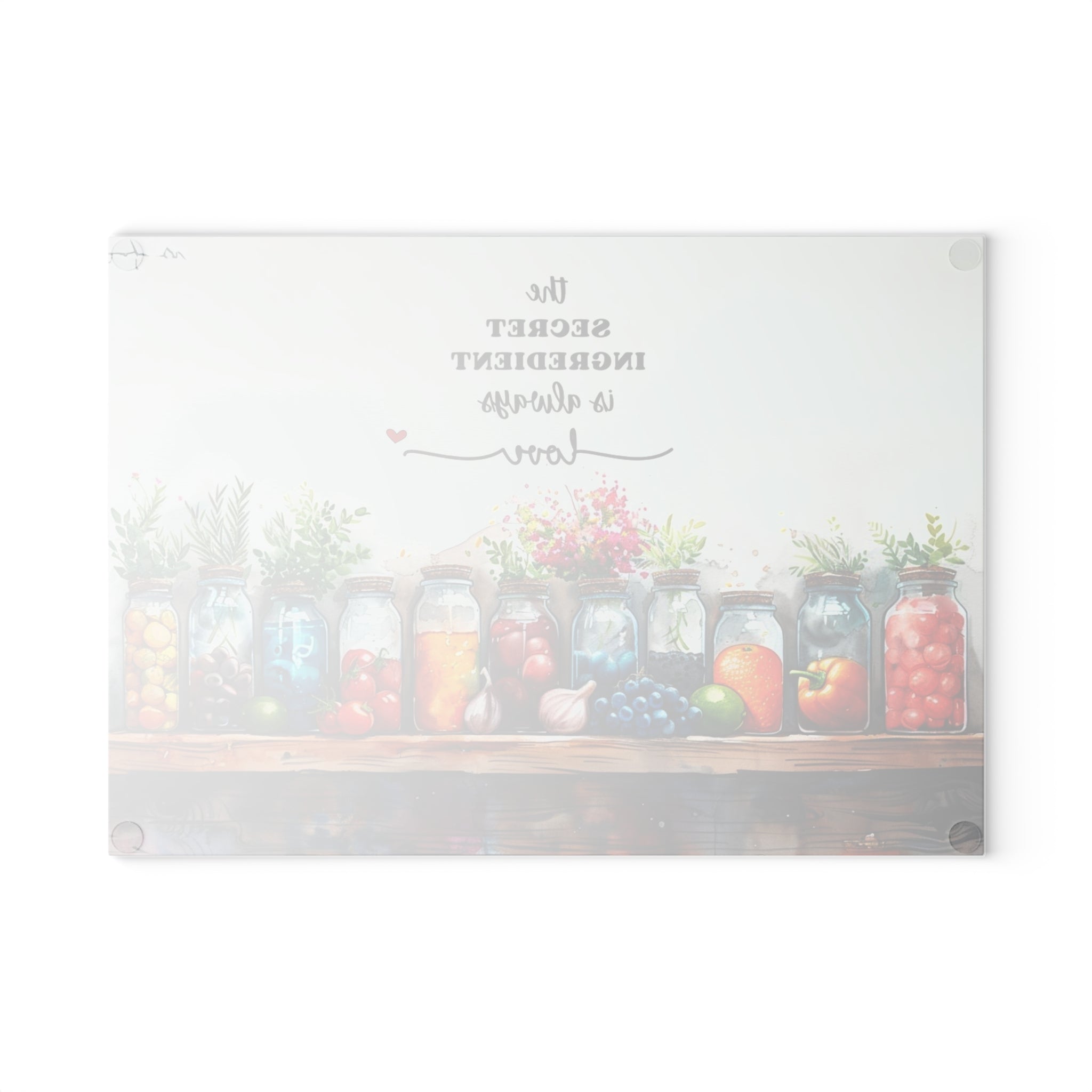Mason Jar Pantry Illustration Glass Cutting Board | 'The Secret Ingredient Is Always Love'