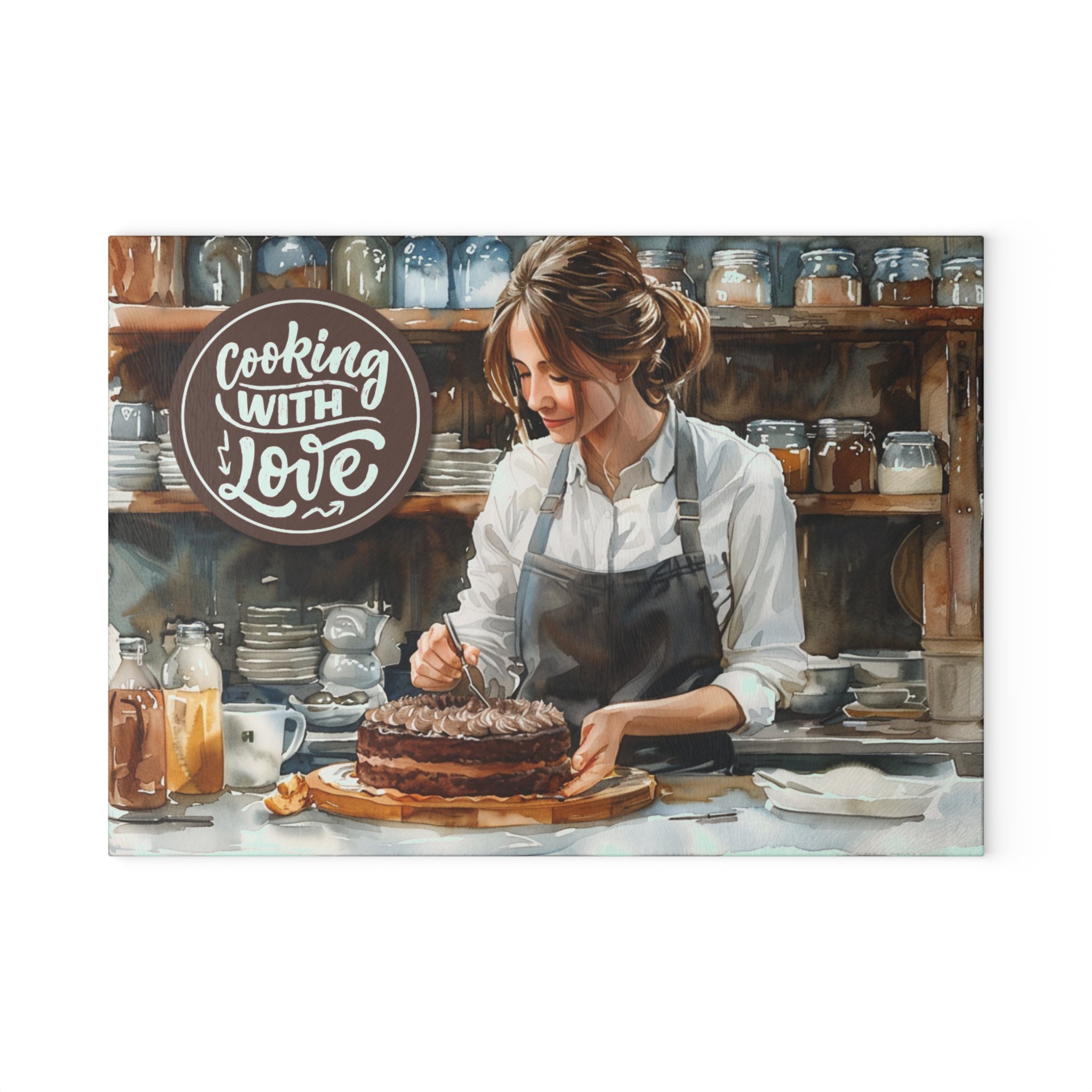 Cooking With Love baker image Glass Cutting Board | kitchen decor, baking scene