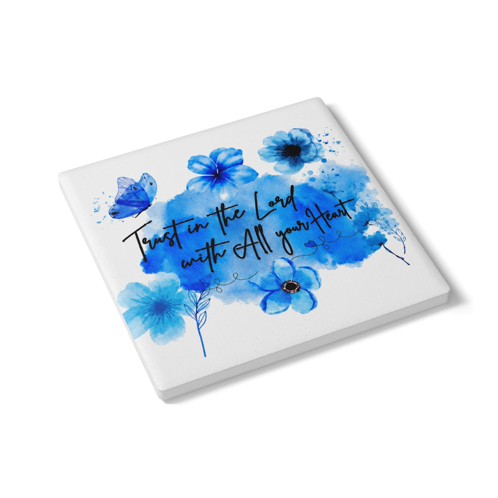 Trust in the Lord Square Ceramic Coaster - Blue Floral Faith Design