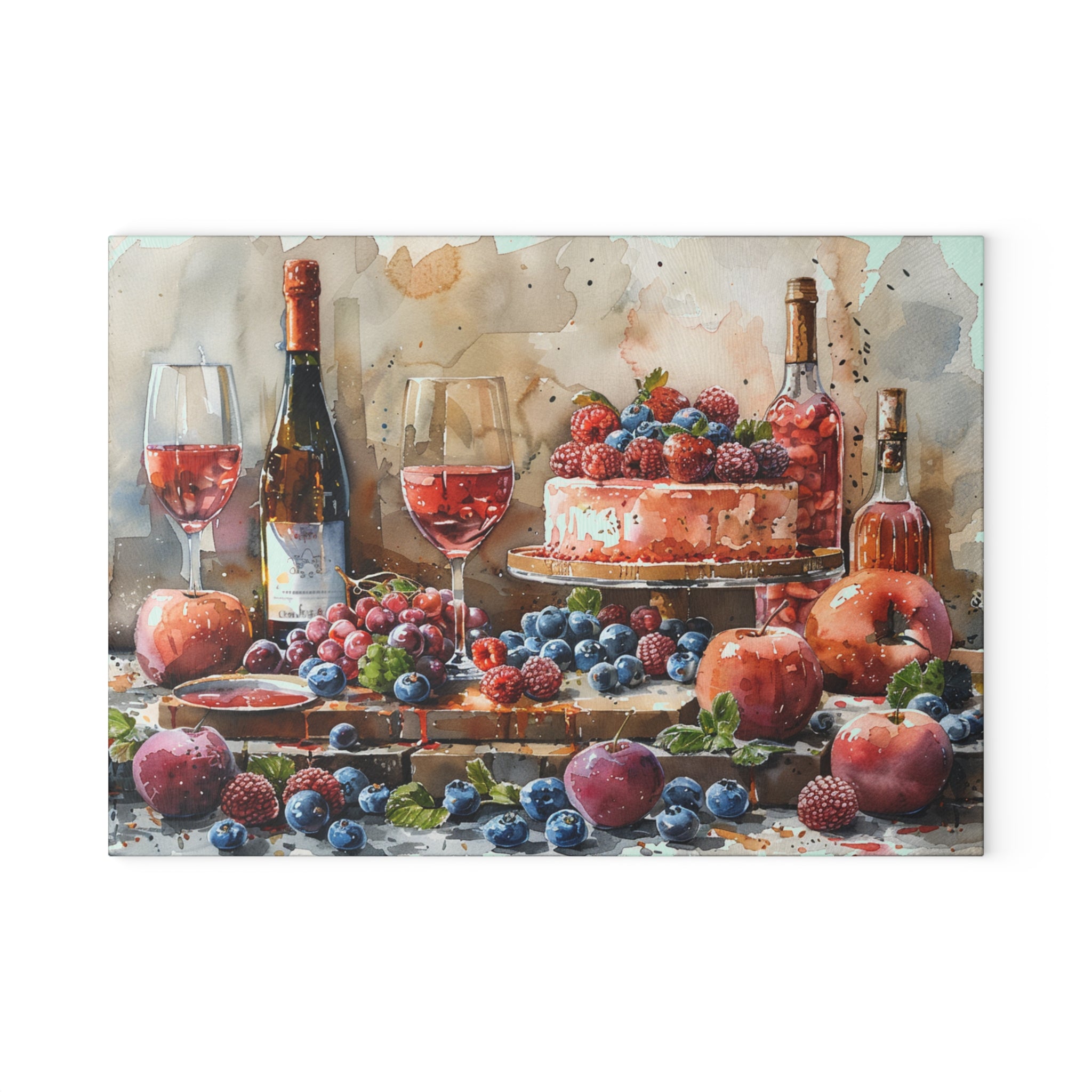 Wine and Berry Still Life Glass Cutting Board | Cake, Grapes, Apples