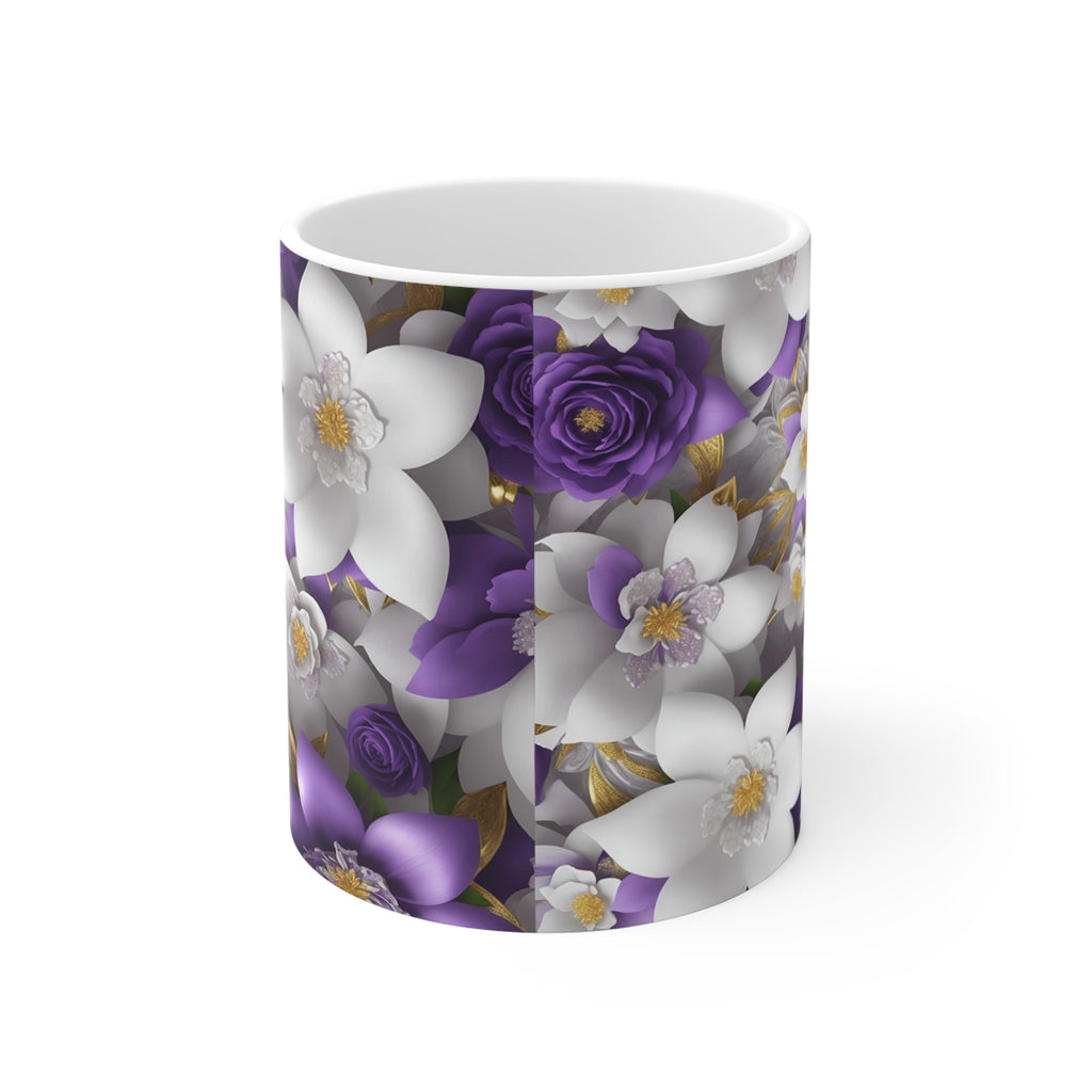 Purple & White Floral Pattern Mug | 11oz Ceramic Coffee Cup