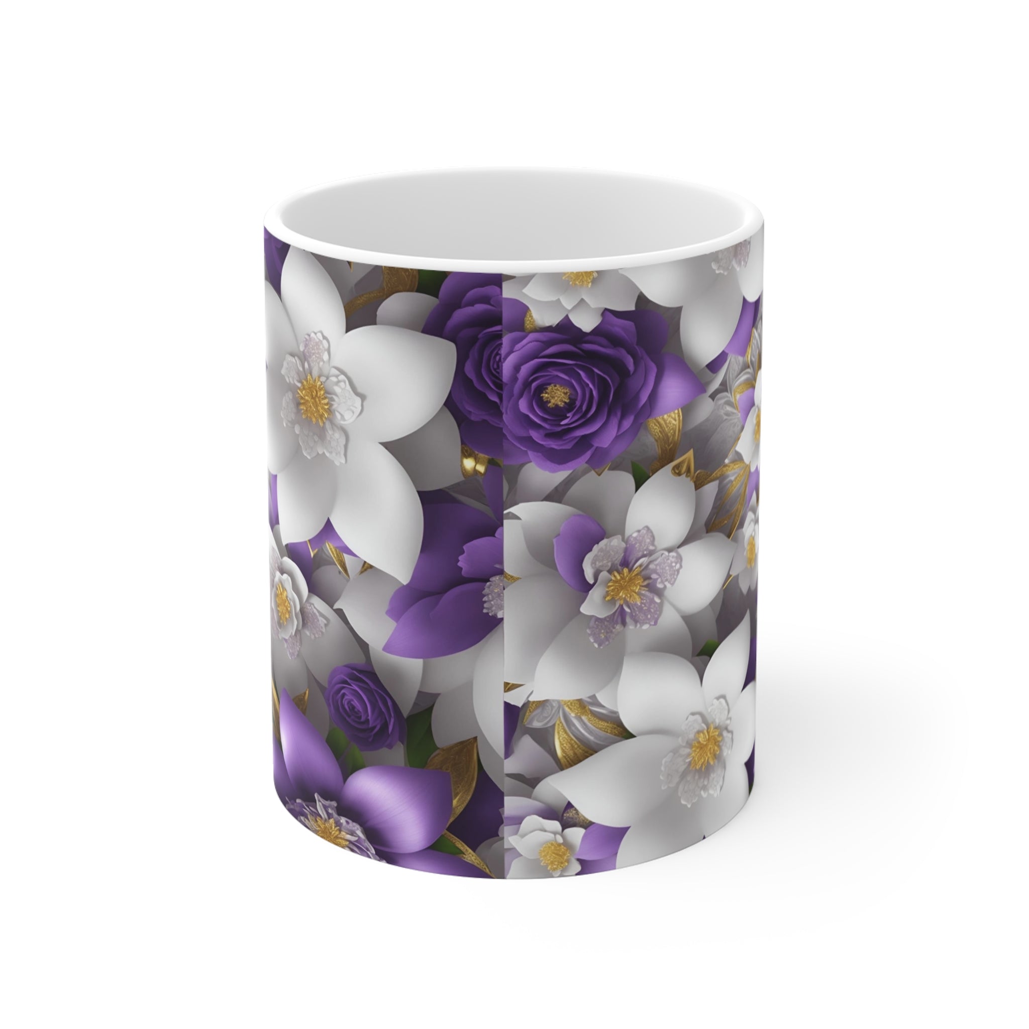 Purple & White Floral Pattern Mug | 11oz Ceramic Coffee Cup