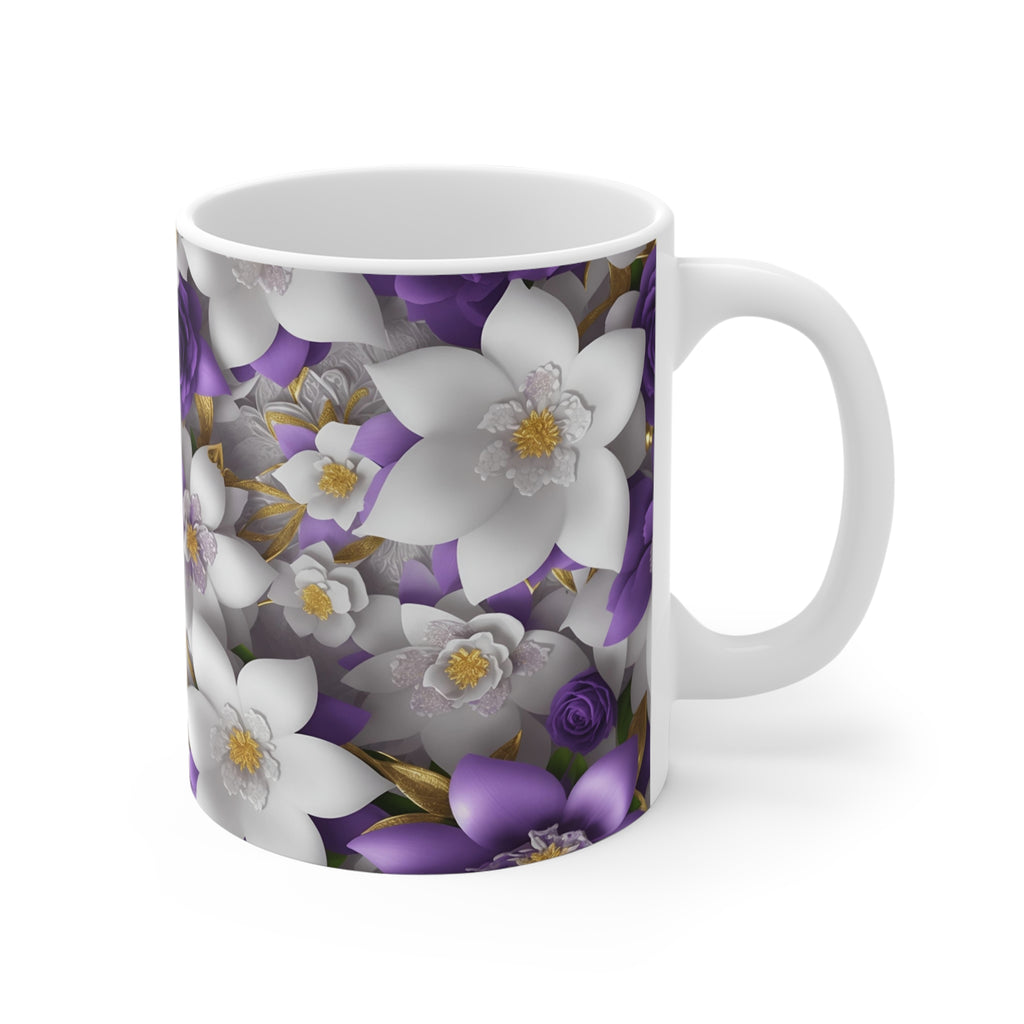 Purple & White Floral Pattern Mug | 11oz Ceramic Coffee Cup