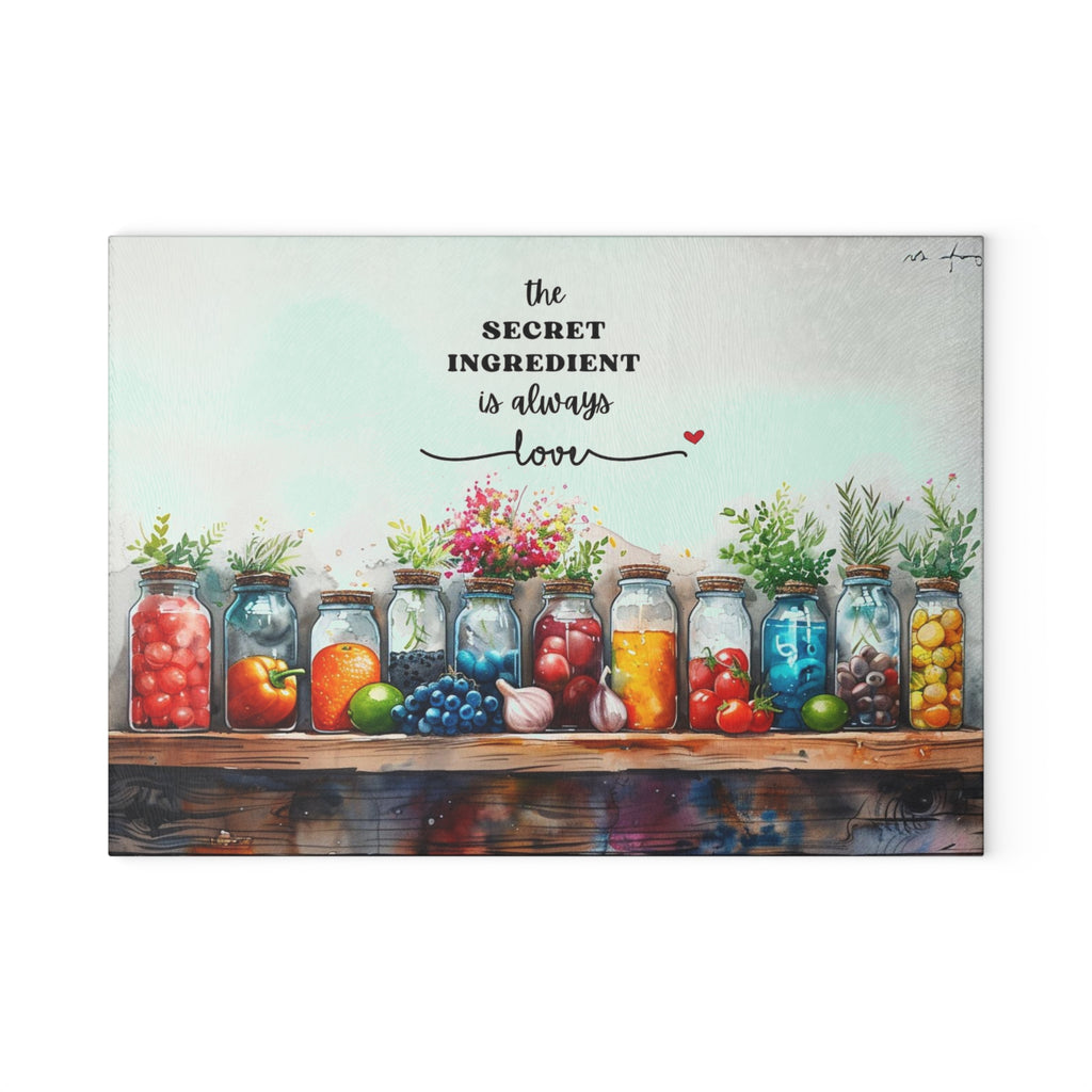 Mason Jar Pantry Illustration Glass Cutting Board | 'The Secret Ingredient Is Always Love'