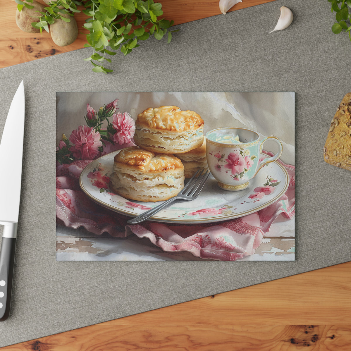Tea and Biscuits Glass Cutting Board | Floral Vintage Tea Cup Kitchen Decor