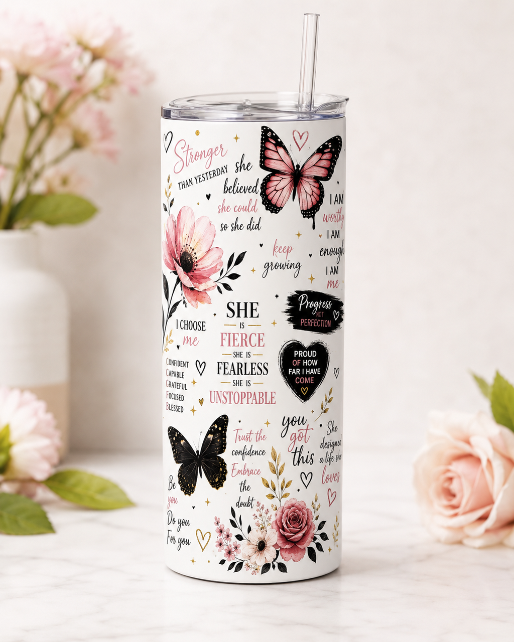 Butterfly Floral Affirmation Tumbler | 20oz Stainless Steel Skinny Tumbler (Copy)