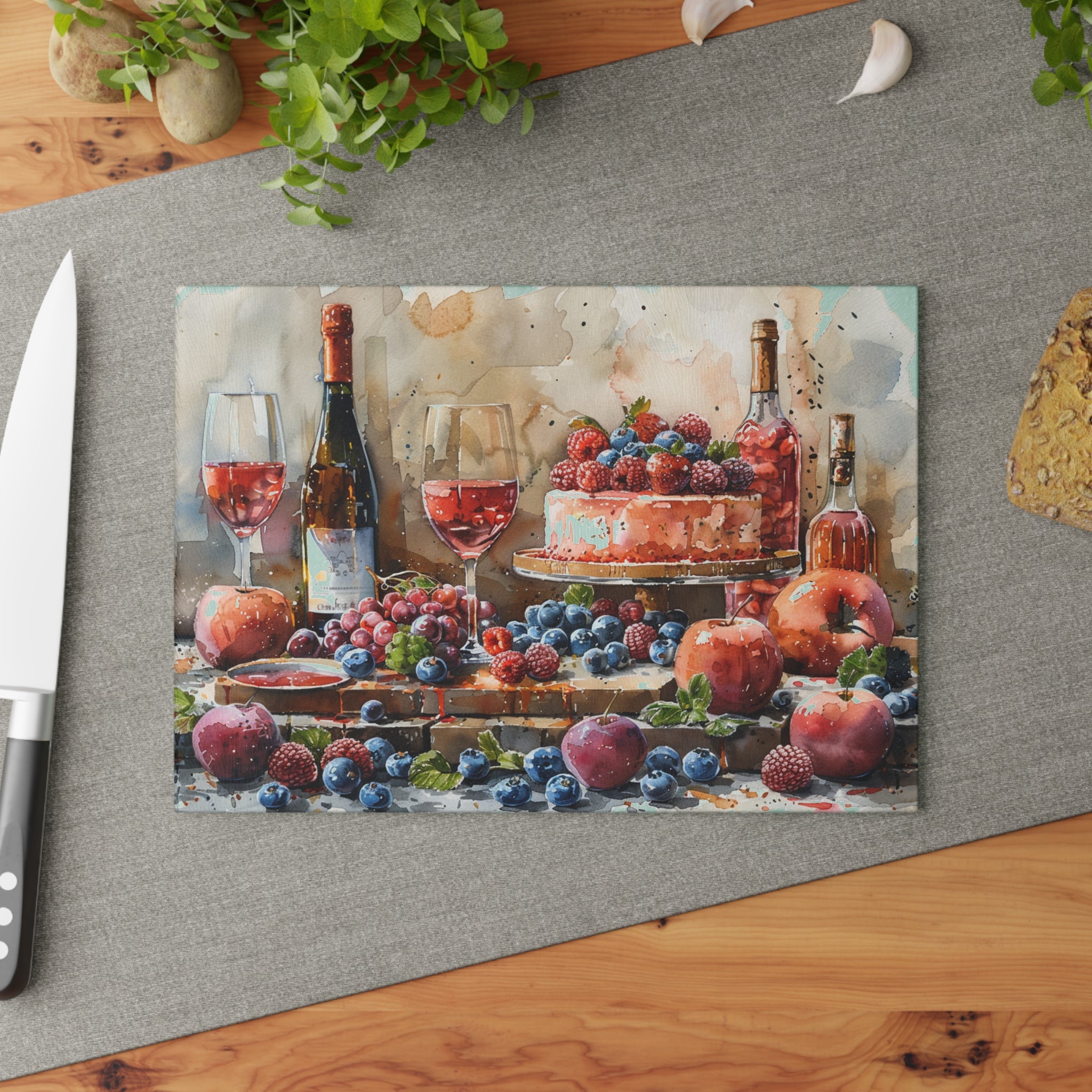 Wine and Berry Still Life Glass Cutting Board | Cake, Grapes, Apples