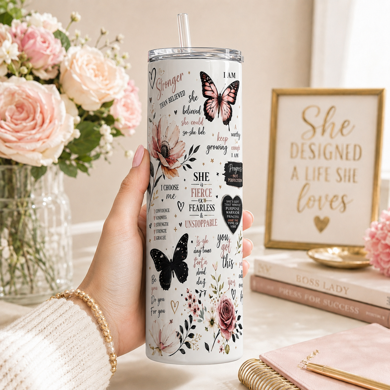 Butterfly Floral Affirmation Tumbler | 20oz Stainless Steel Skinny Tumbler (Copy)