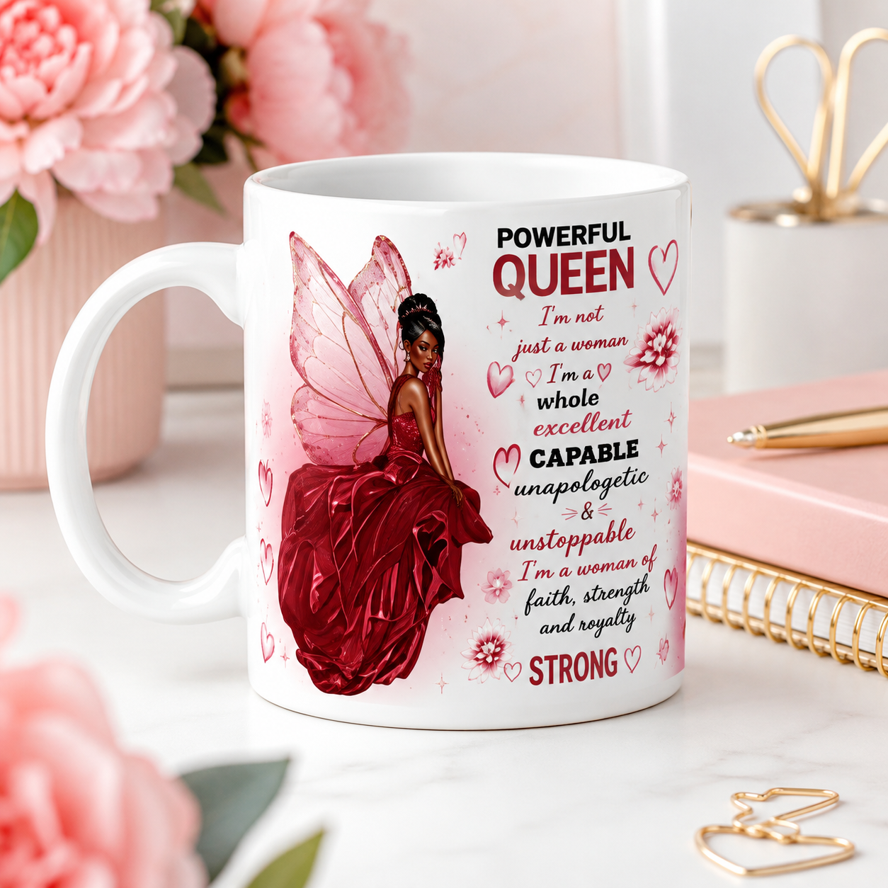 Powerful Queen Affirmation Mug | Inspirational Black Woman Fairy Art