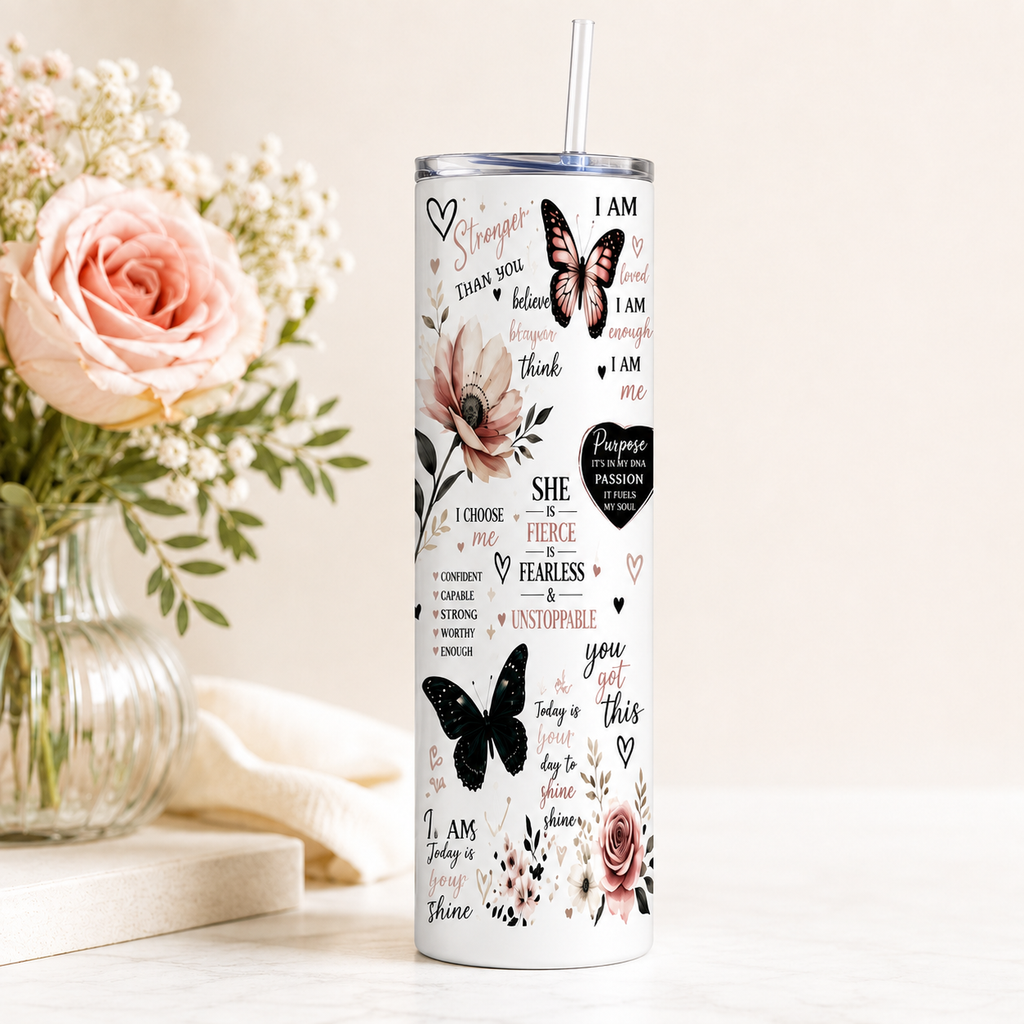 Butterfly Floral Affirmation Tumbler | 20oz Stainless Steel Skinny Tumbler (Copy)