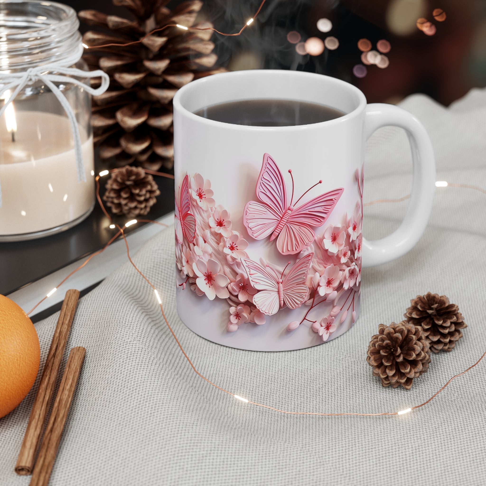Pink Butterfly Floral Mug | Spring Flowers, Pastel Butterflies