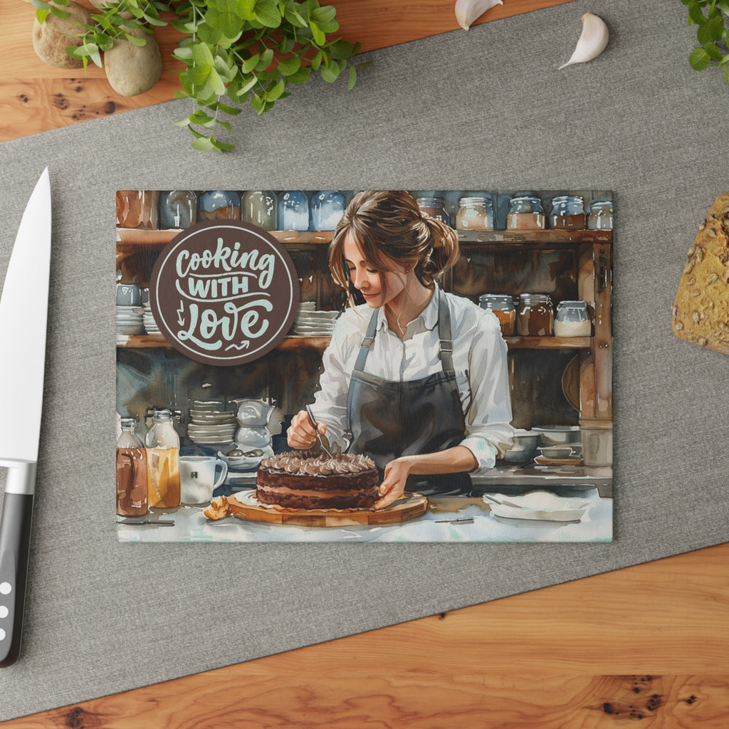Cooking With Love baker image Glass Cutting Board | kitchen decor, baking scene