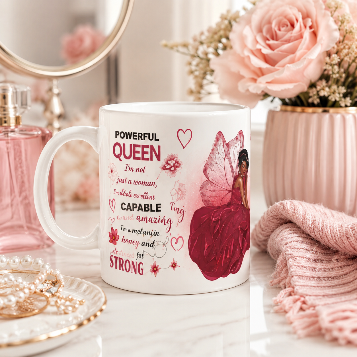 Powerful Queen Affirmation Mug | Inspirational Black Woman Fairy Art