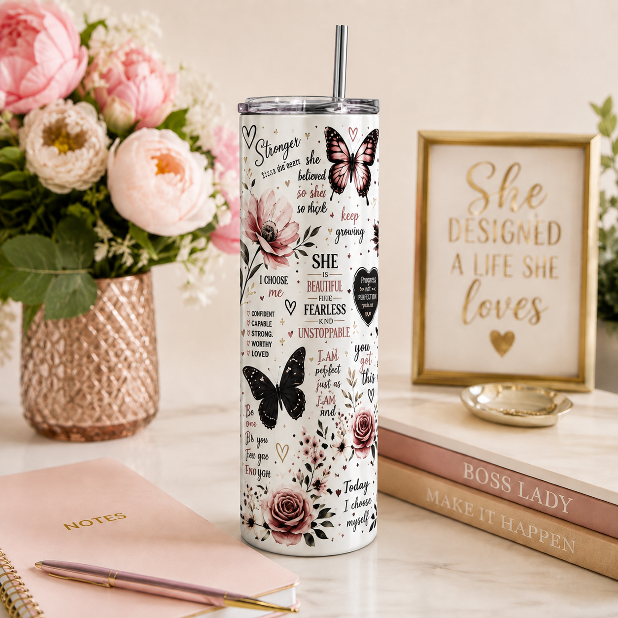 Butterfly Floral Affirmation Tumbler | 20oz Stainless Steel Skinny Tumbler (Copy)