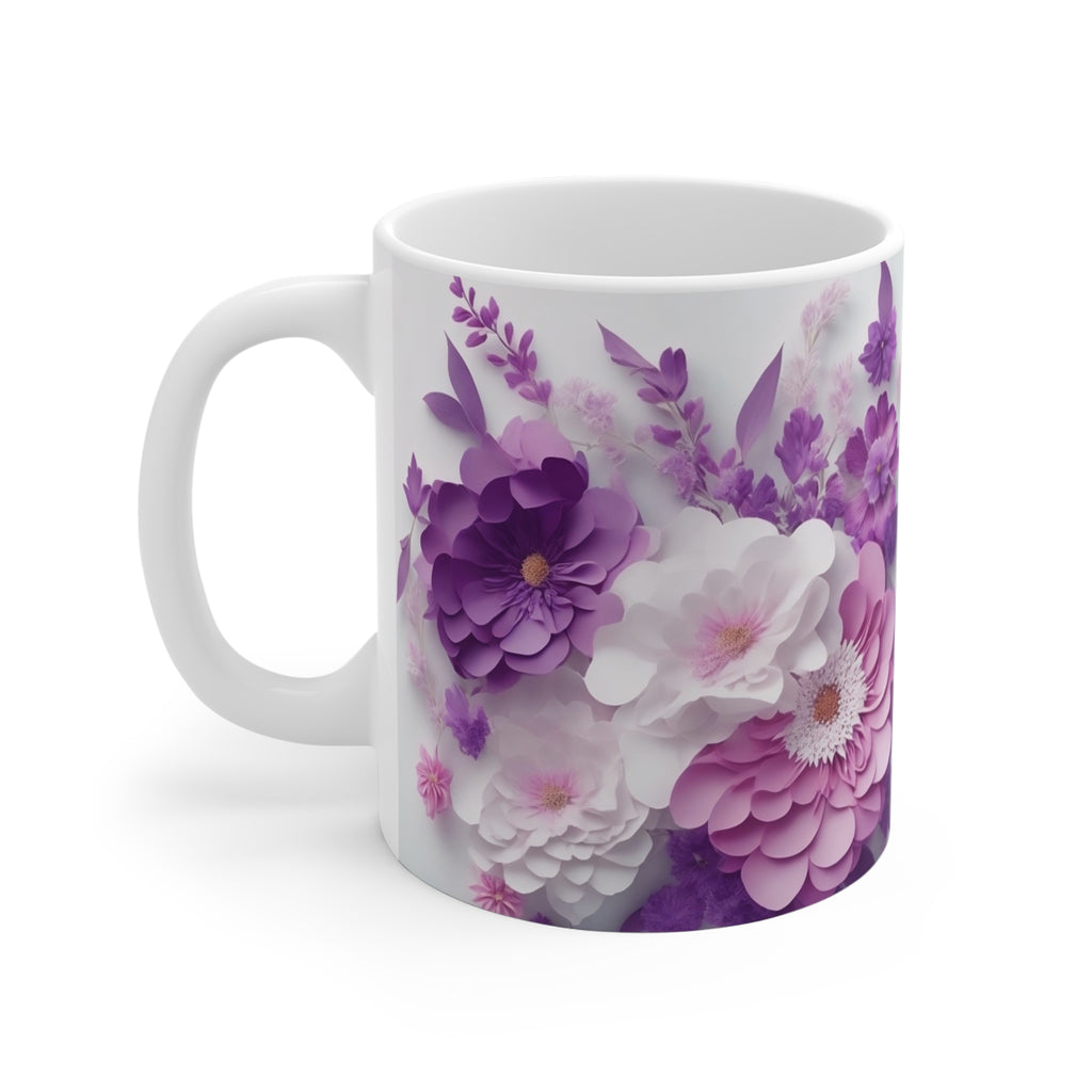 Purple Paper Flower Bouquet Mug | Floral Ceramic Coffee Mug | 11 oz