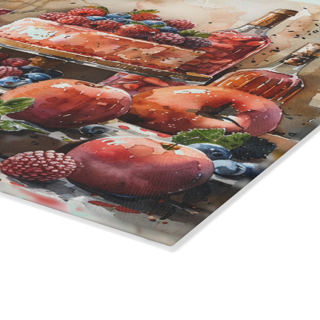 Wine and Berry Still Life Glass Cutting Board | Cake, Grapes, Apples