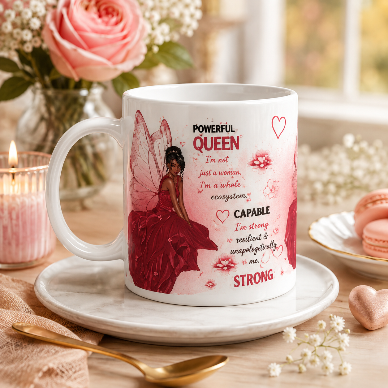 Powerful Queen Affirmation Mug | Inspirational Black Woman Fairy Art