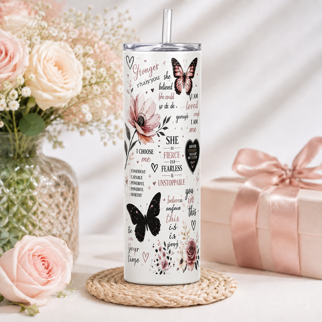 Butterfly Floral Affirmation Tumbler | 20oz Stainless Steel Skinny Tumbler (Copy)