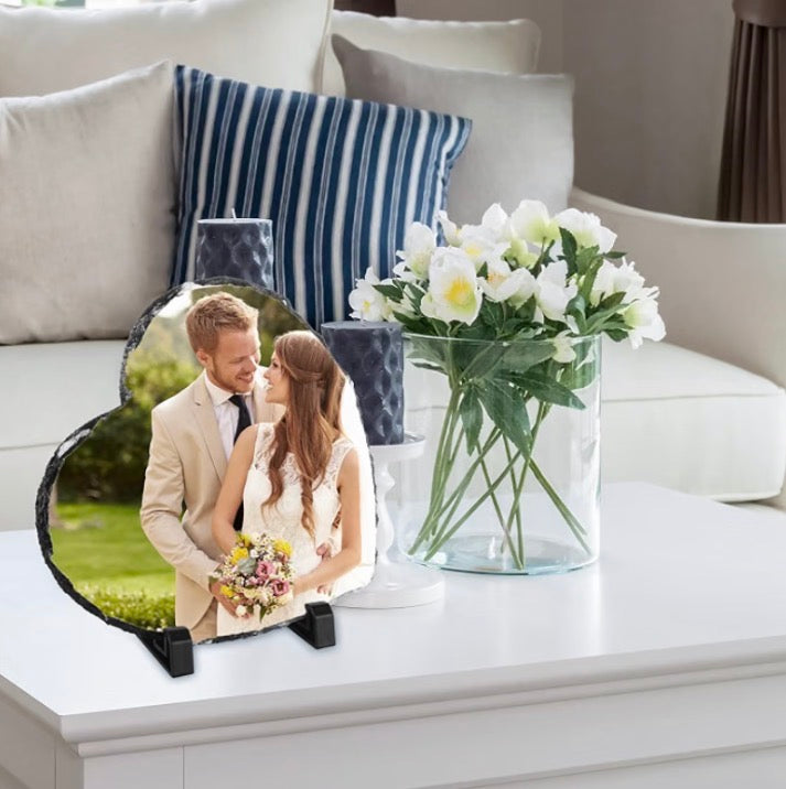 Personalized Heart-Shaped Stone Slate Photo Frame