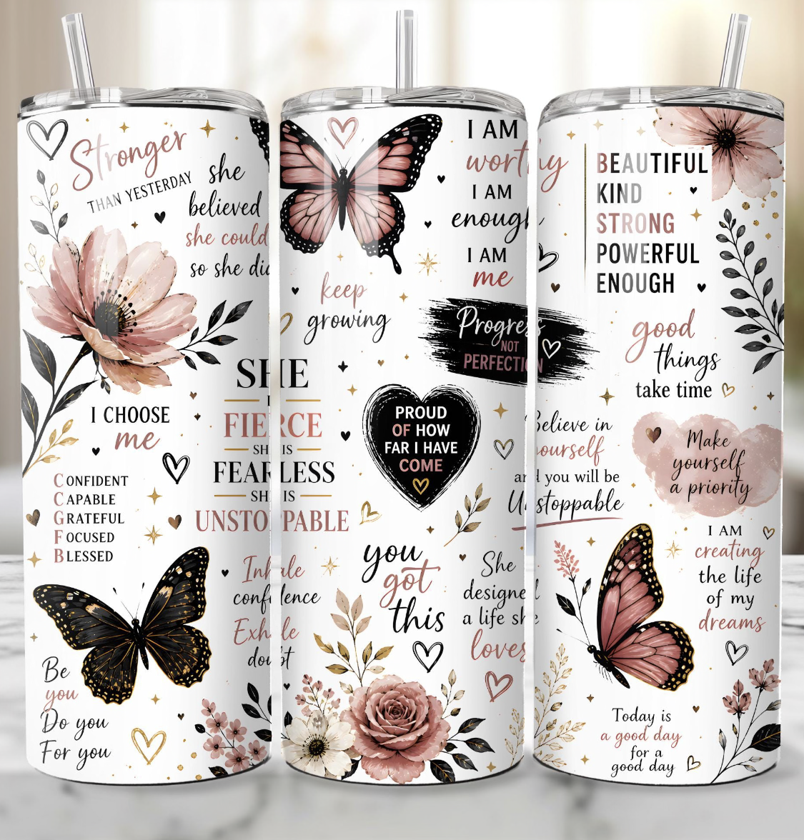 Butterfly Floral Affirmation Tumbler | 20oz Stainless Steel Skinny Tumbler (Copy)