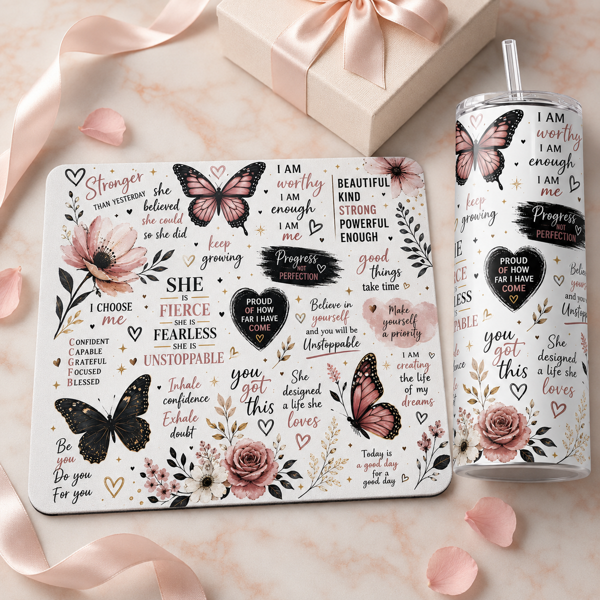 Butterfly Floral Affirmation Tumbler | 20oz Stainless Steel Skinny Tumbler (Copy)